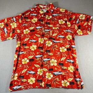 M.E. Sport Mens XL Hawaiian Shirt Red aloha Classic Car Tropical Palm Tree Print